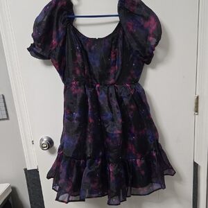 Girls' Galaxy Print Puff Sleeve Dress - Black with Purple & Pink Accents